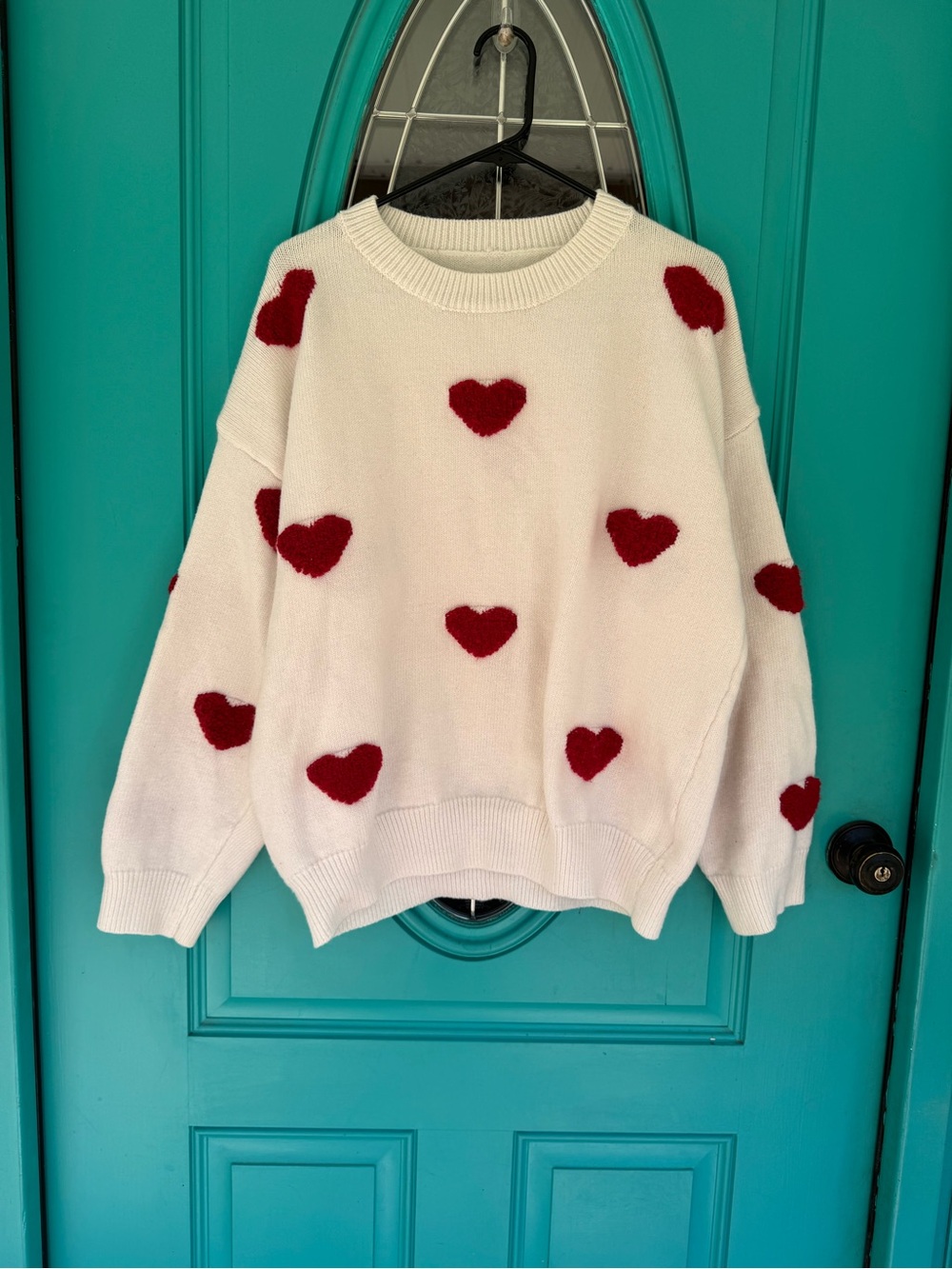 Women's Oversized Cream Sweater with Allover Embroidered Red Hearts